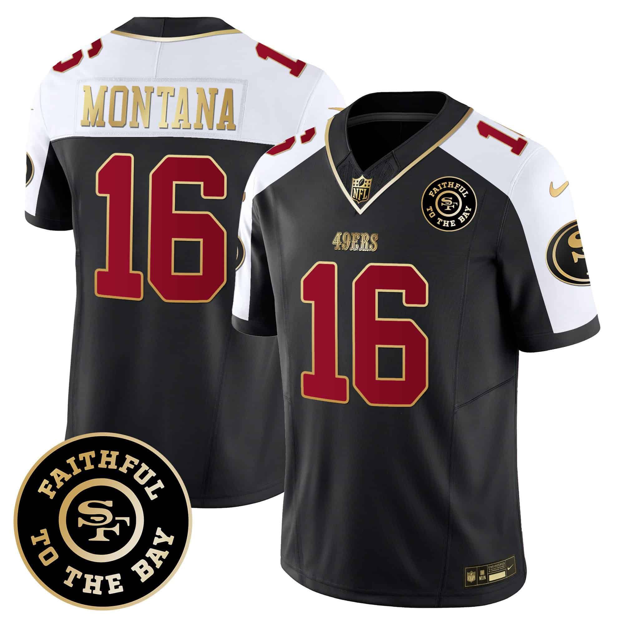 Men San Francisco 49ers 16 Montana Black 2024 Nike Faithful To The Bay Patch Vapor Limited NFL Jersey